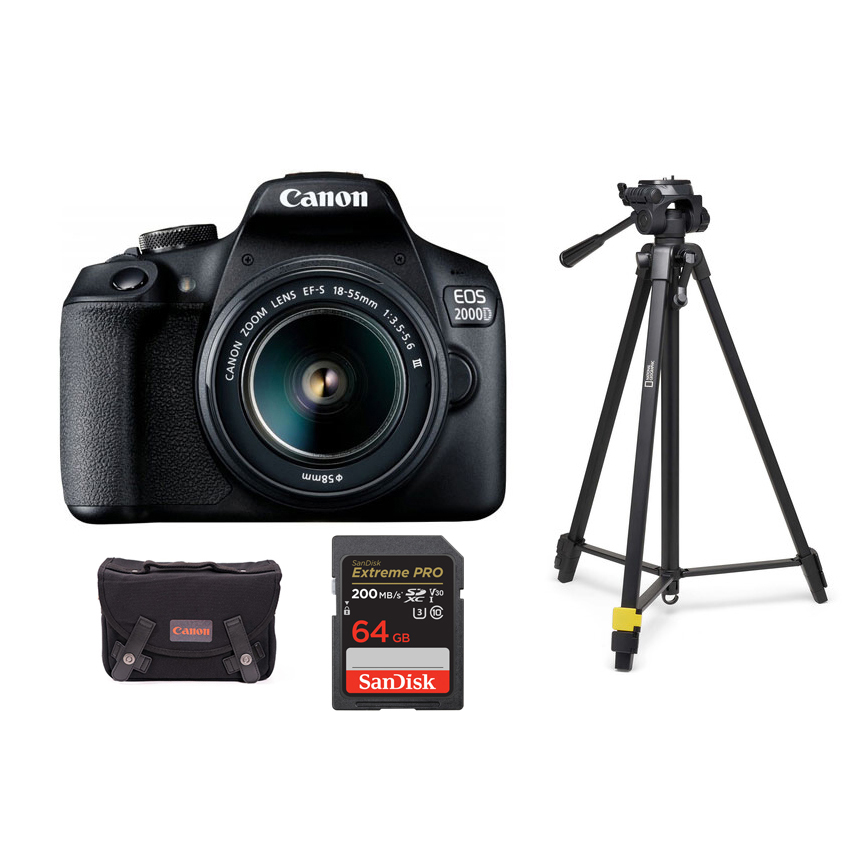 Canon EOS 2000D + 18-55mm III f/3.5-5.6 + SD 64gb + Canon original torba + National Geographic stativ - 1