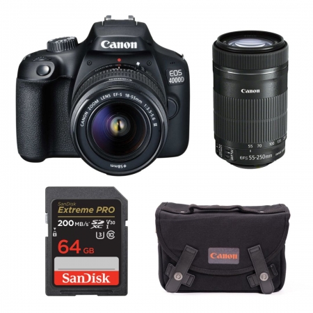 Canon EOS 4000D + 18-55mm III + 55-250mm IS STM + SD 64GB + original torba